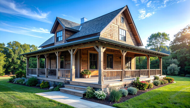 Authentic American Farmhouse: Wooden Exterior Home with Spacious Veranda