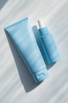 Minimal cosmetic serum bottle and cream tube on bright background