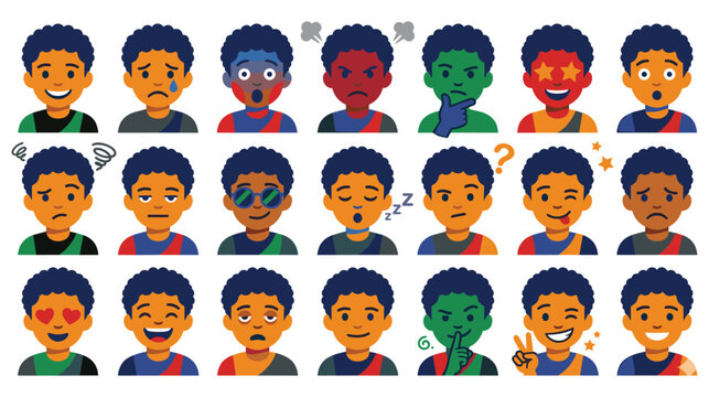 Set of expressive cartoon boy faces showing various emotions and feelings.