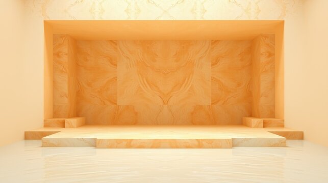 Empty room features recessed wall, stepped platform. Warm tones dominate interior, creating minimalist space. Lighting highlights texture.