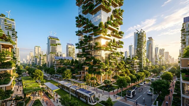 Futuristic vertical forest skyscraper in sustainable smart city metropolis, green architecture and urban planning