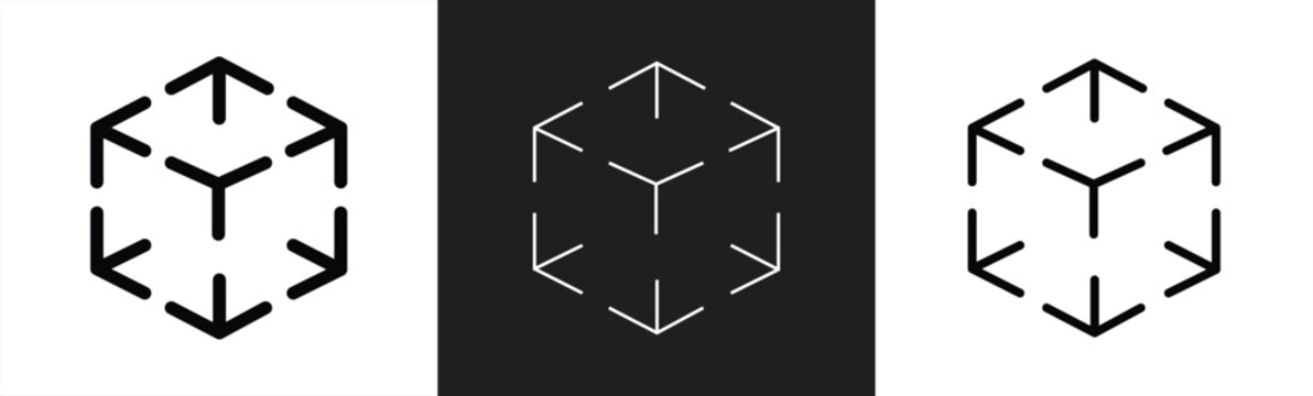 Cube icon set in vector format, augmented reality. Cube symbol, 3D cube line icon, abstract cube hexagon logo for website design and mobile app development. Vector illustration