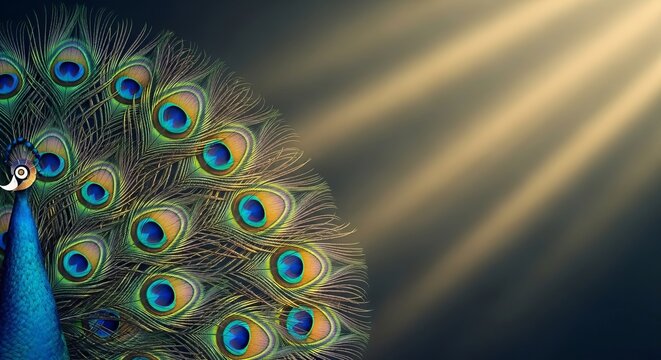 Skanda Sashti Festival Wallpaper with Iridescent Peacock Feathers and Divine Soft Light Rays, Spiritual Background for Lord Murugan Worship