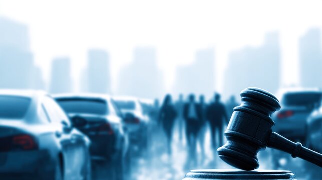 Gavel in the foreground with blurred cars and people in an outdoor setting, symbolizing law, justice, or legal processes