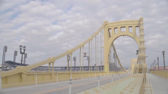 Low Angle View of Roberto Clemente Bridge with Stadium in Background, Pittsburgh