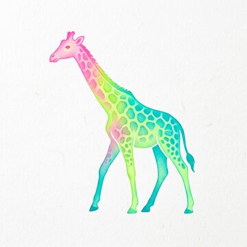 Beautiful artistic illustration of a majestic giraffe featuring vibrant rainbow gradient colors isolated against a clean plain white studio background