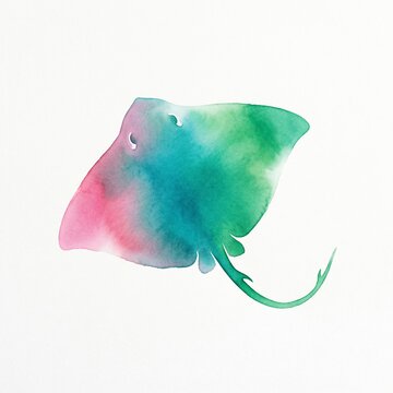 Beautiful vibrant stingray illustration painted with colorful watercolor textures isolated on a clean white background for artistic creative design projects