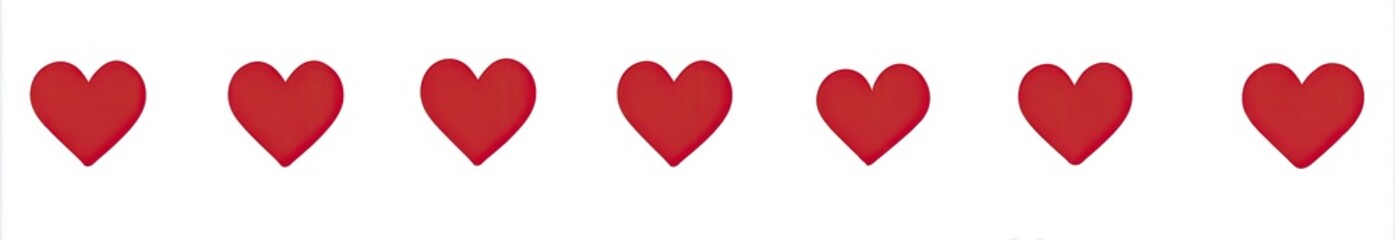 Fototapeta premium Seven red hearts in a row, spaced evenly on a white background
