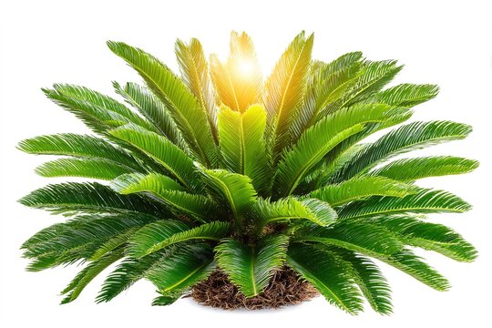 A lush cycad plant with spiky green leaves glows in sunlight on a white background.