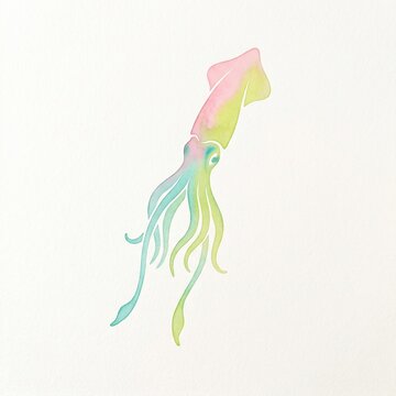 A delicate watercolor illustration of a squid rendered in soft pastel pink, yellow, and blue hues floating gracefully against a pure white background.