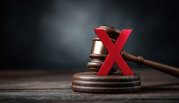 Gavel with red crossed-out sign on legal or judicial setting, symbolizing prohibition or disapproval