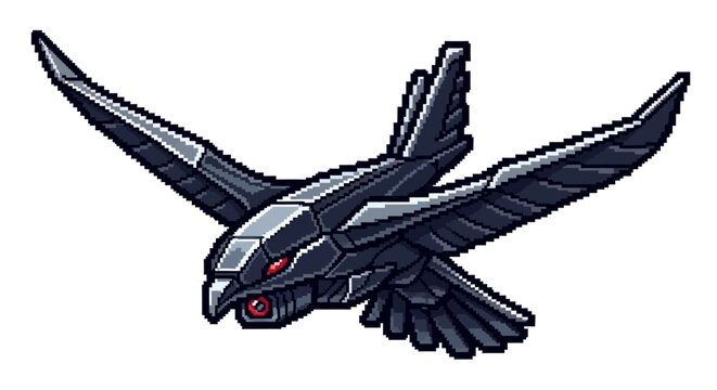 Mechanical Falcon with Red Eyes Flying.