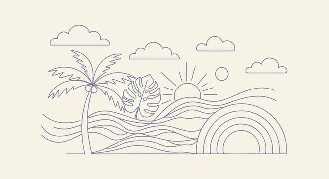 Tropical beach scene, minimalist line art, palm tree, sun, rainbow, waves, clouds