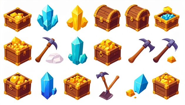 Isometric Game Assets - Treasure Chests, Crystals, and Mining Tools.
