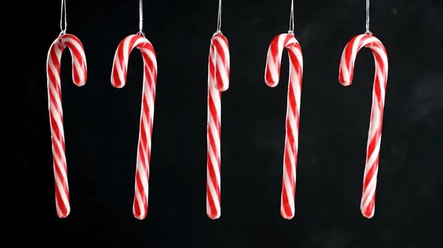 Several red and white striped candy canes hanging against a dark background, creating a festive visual for the holiday season