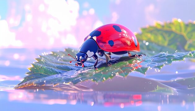 Ladybug drinking water from leaf in a dreamy, ethereal setting.
