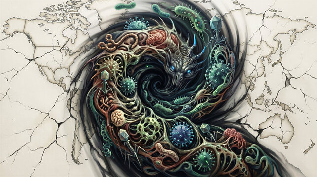 Abstract virus form spreads across a cracked world map, symbolizing global health threat and instability. Pandemic risk and disease spread highlight crisis impact, prevention, and worldwide vulnerabil