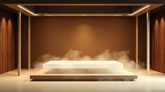 Minimalist stage setup. Warm lighting highlights central platform emitting vapor. Wooden panels frame dark backdrop. Clean, modern aesthetic.