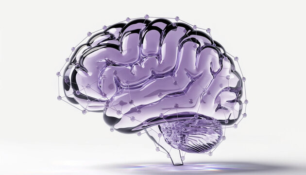 A detailed 3D rendering of a transparent glass brain with an illuminated neural network on a white background.