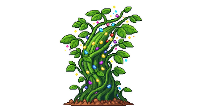 Magical beanstalk with glowing lights and leaves.