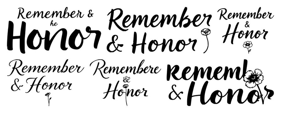 Calligraphy set with elegant black ink script displaying 'REMEMBER & HONOR' featuring bold text, floral detail, modern typography with poppy flower and monochrome illustration