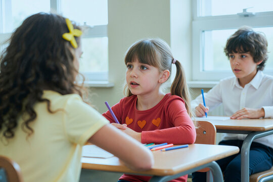 Schoolgirl discussing task with classmate while holding pencil in classroom, learning communication and teamwork. Useful for education marketing, school programs, child development