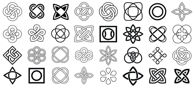 Celtic Knot Elements Vector Set, Irish Medieval Ornamental Decorations with Gaelic Intertwined Knot Symbols, Black Endless Knot Patterns for Tattoo, Logo Design, and Decorative Artwork