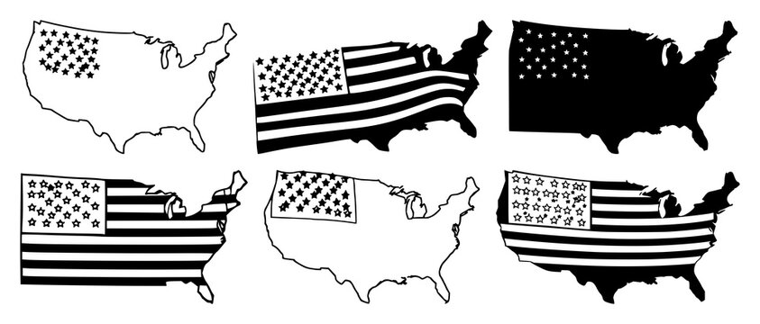 United States flag set with single continuous black line art on solid white background featuring minimalist design, high resolution, clean lines with illustration and vector