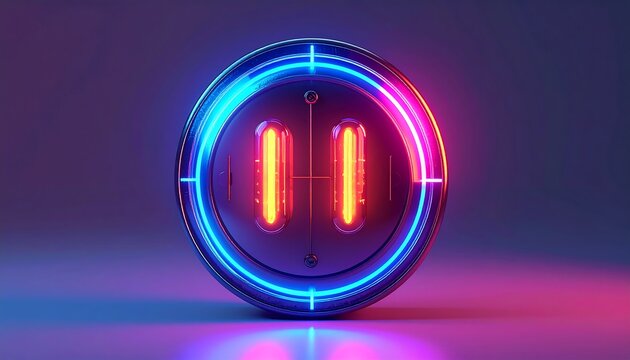 Neon glowing circular object with orange cylinders and a blue halo
