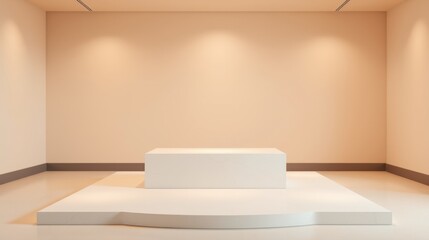 Fototapeta premium Empty gallery space features pedestal. Soft lighting highlights minimalist design, creating calm atmosphere. Clean lines dominate presentation.