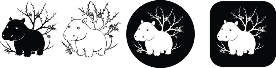Obraz premium Set of Minimalist Wolf and Wild Animal Nature Landscape Vector Icons in Detailed Black and White Silhouette and Outline Styles
