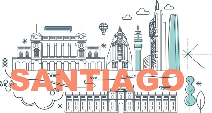 Santiago culture travel set, famous architecture specialties in flat design. Business Chile tourism concept clipart in Memphis style. Image presentation, banner, website, flyer, roadmap, icon line art