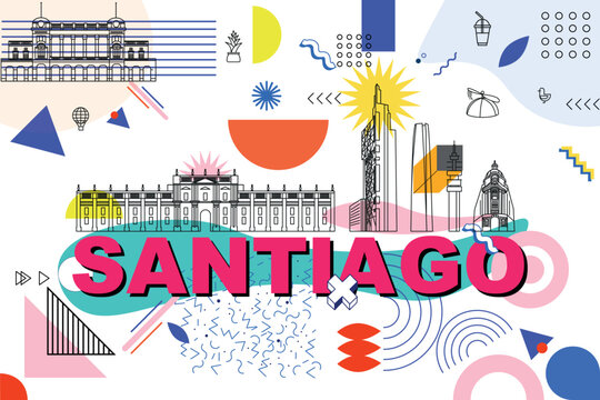Santiago culture travel set, famous architecture specialties in flat design. Business Chile tourism concept clipart in Memphis style. Image presentation, banner, website, flyer, roadmap, icon line art