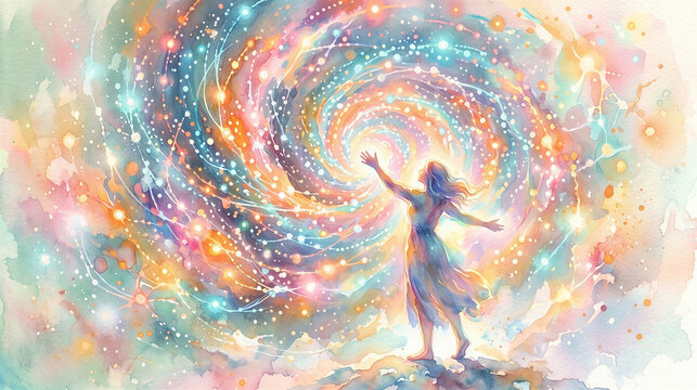 A woman stands within a luminous spiral of energy, surrounded by flowing cosmic motion and light. Inner protection and emotional integration reflect resilience, clarity, and psychological stability