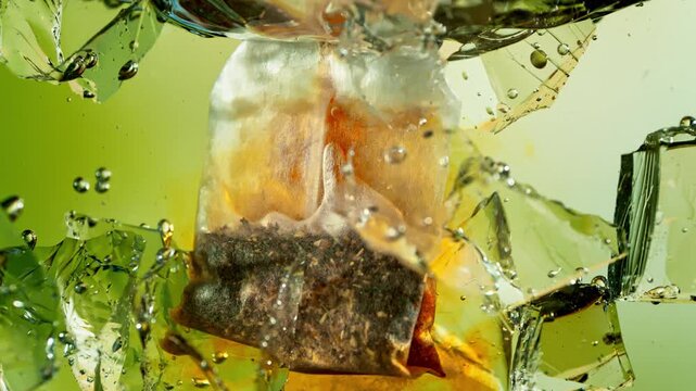 Super Slow Motion of Falling and Extracting Tea Bag into Water with Ice at 1000fps, Ice Tea Concept.
