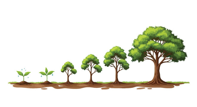 Colorful vector illustration showing the chronological growth stages of a tree from sprout to giant
