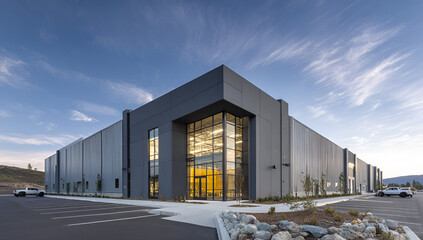 Obraz premium Modern Industrial Building Exterior with Glass Entrance and Blue Sky.