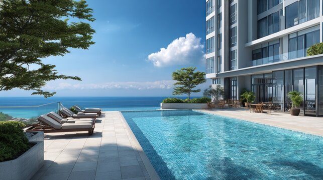 Modern high rise building with a swimming pool and ocean view on a sunny day