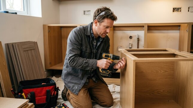 A man is installing a cabinet. He is kneeling on the floor, using a drill to attach a wooden cabinet panel to a frame.