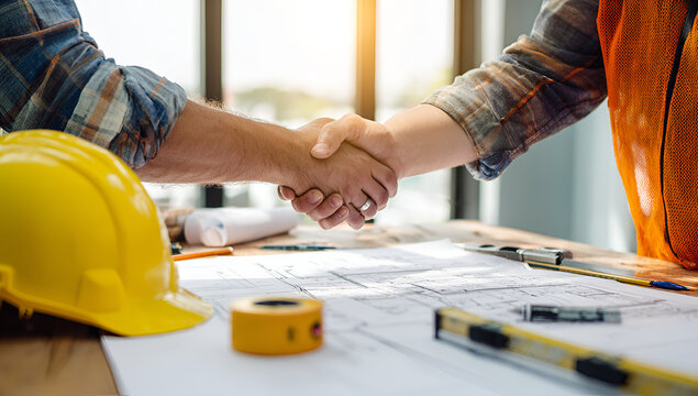 Construction Workers Shaking Hands on Project Site.
