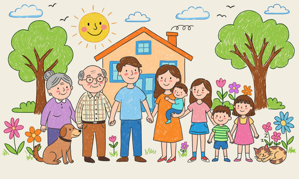 Naive Art Family House Concept. Vibrant Crayon Scribble Illustration of Happy Family Outdoors. Handcrafted Childlike Sketch with Parents, Kids, Dog and Cat.