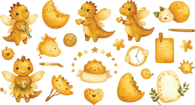Cute cartoon dinosaurs and tropical fruits with leafy greens and people illustration