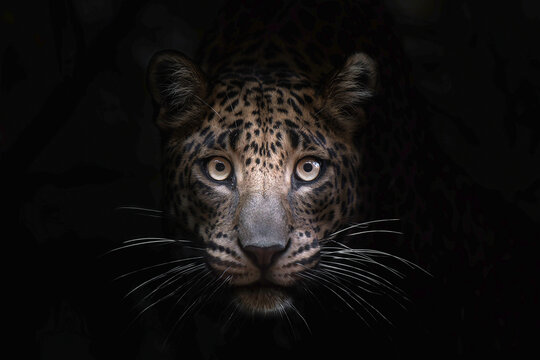 Jaguar face emerging from shadowy darkness, intense eyes