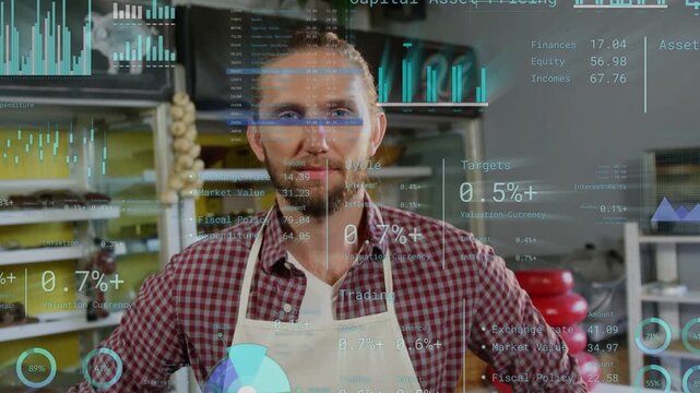 Baker standing center of bakery, camera zooming in and overlaying animated charts analyzing sales