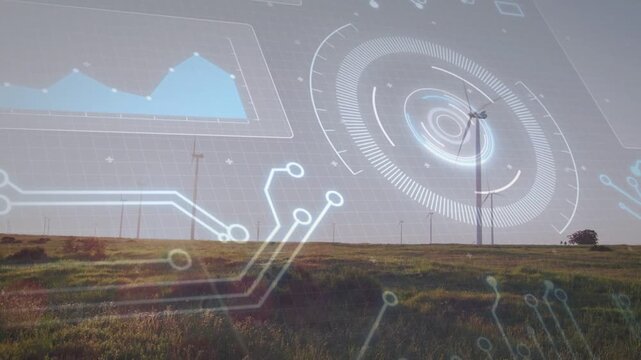 Wind turbines rotating in field while overlay appearing, aligning radar HUD, chart for power data