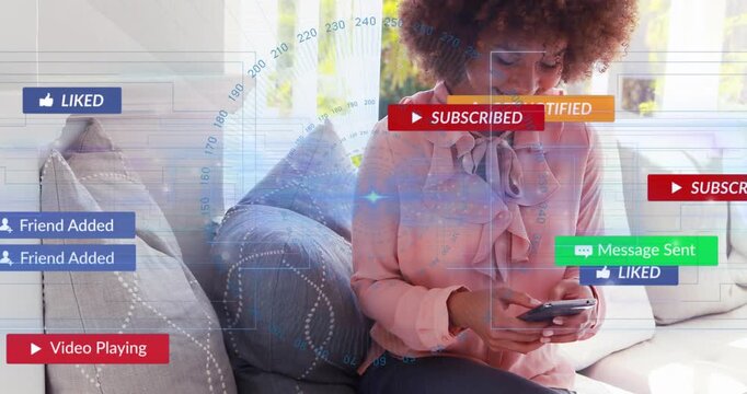 Woman tapping phone on sofa, causing sub and message badges piling, clearing, managing social media