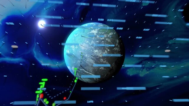 Central planet anchoring, data bars moving, on frame 5 finance chart rising and overlaying planet