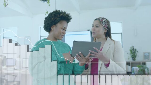 Lead and peer with tablet mentee tapping as lead explaining, overlaying charts showing analytics