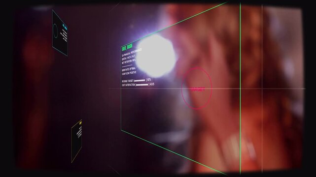 Small group of friends smiling in lounge while man adjusting dark shirt and HUD reticle hovering