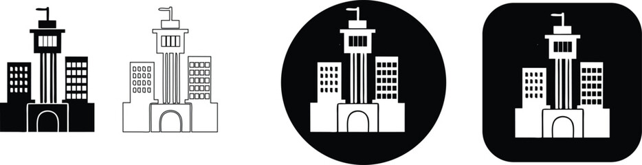 Fototapeta premium Set of Minimalist City Building and Skyscraper Tower Vector Icons in Detailed Black and White Silhouette and Outline Styles